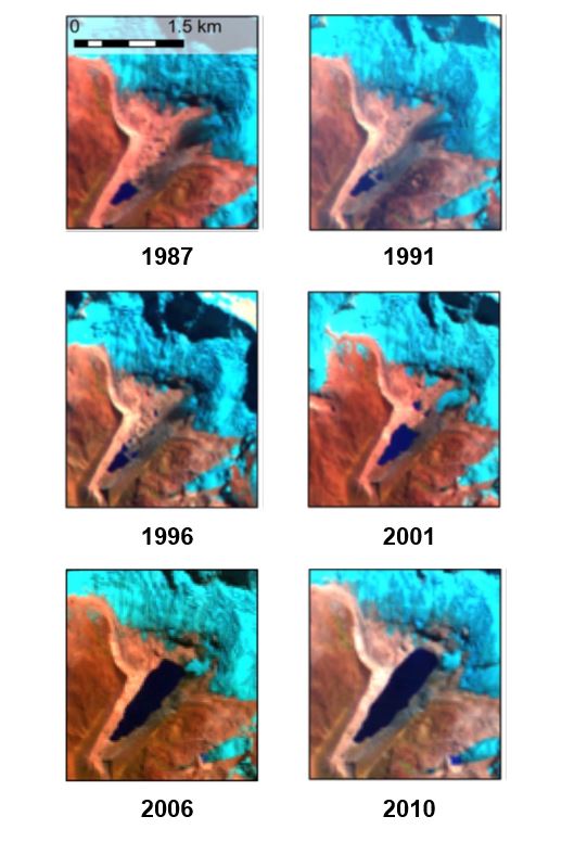Satelitní snímky dokumentující vývoj jezera Palcacocha od r. 1987 do r. 2010. Ledovec je znázorněn modrozelenou barvou, skály a sutě oranžovou, a voda v jezeře tmavě modrou. Zdroj grafiky: FREY H. et al Multi-Source Glacial Lake Outburst Flood Hazard Assessment, Frontiers in Earth Science, Nov. 2018. 